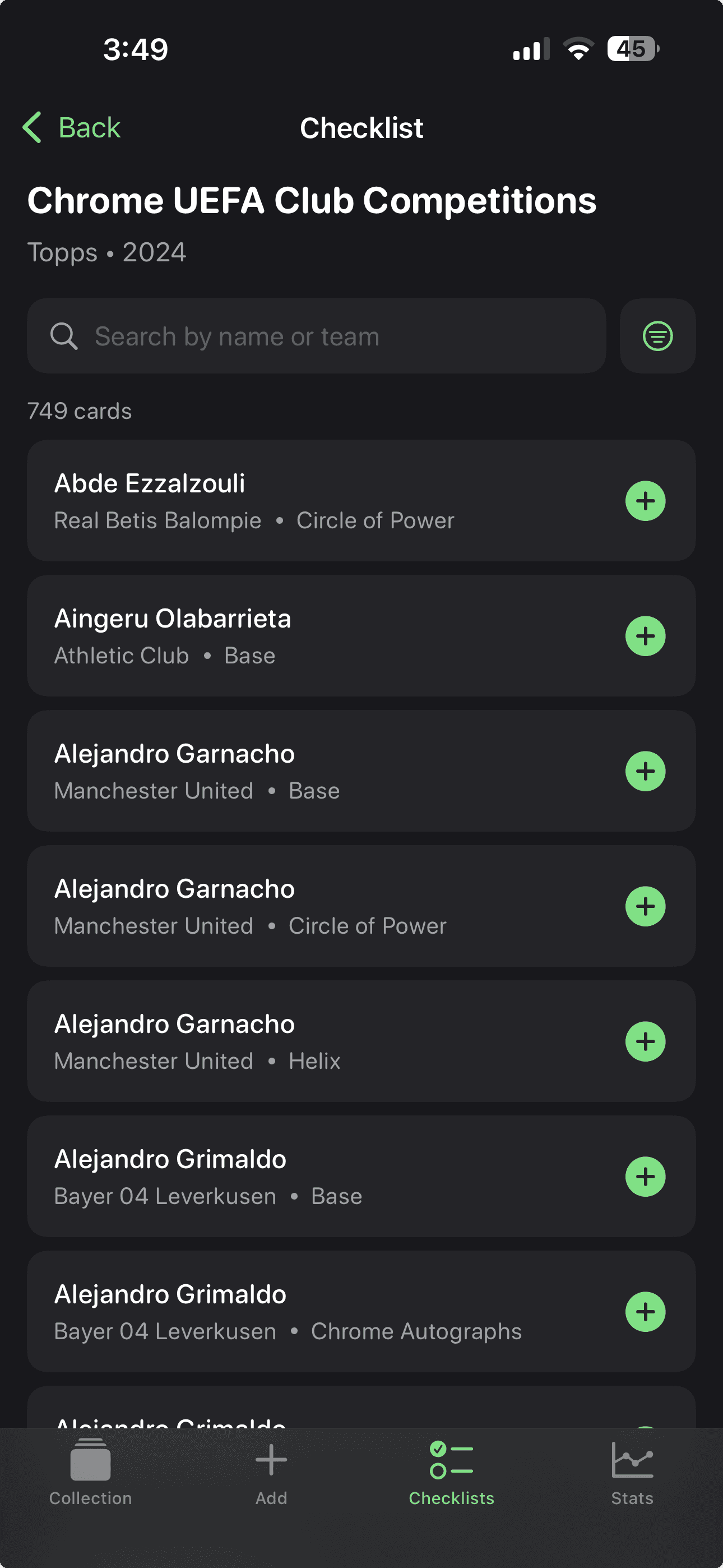 The checklist for Chrome UEFA Club Competitions, Topps 2024: 749 cards, each with a button to add it to the collection