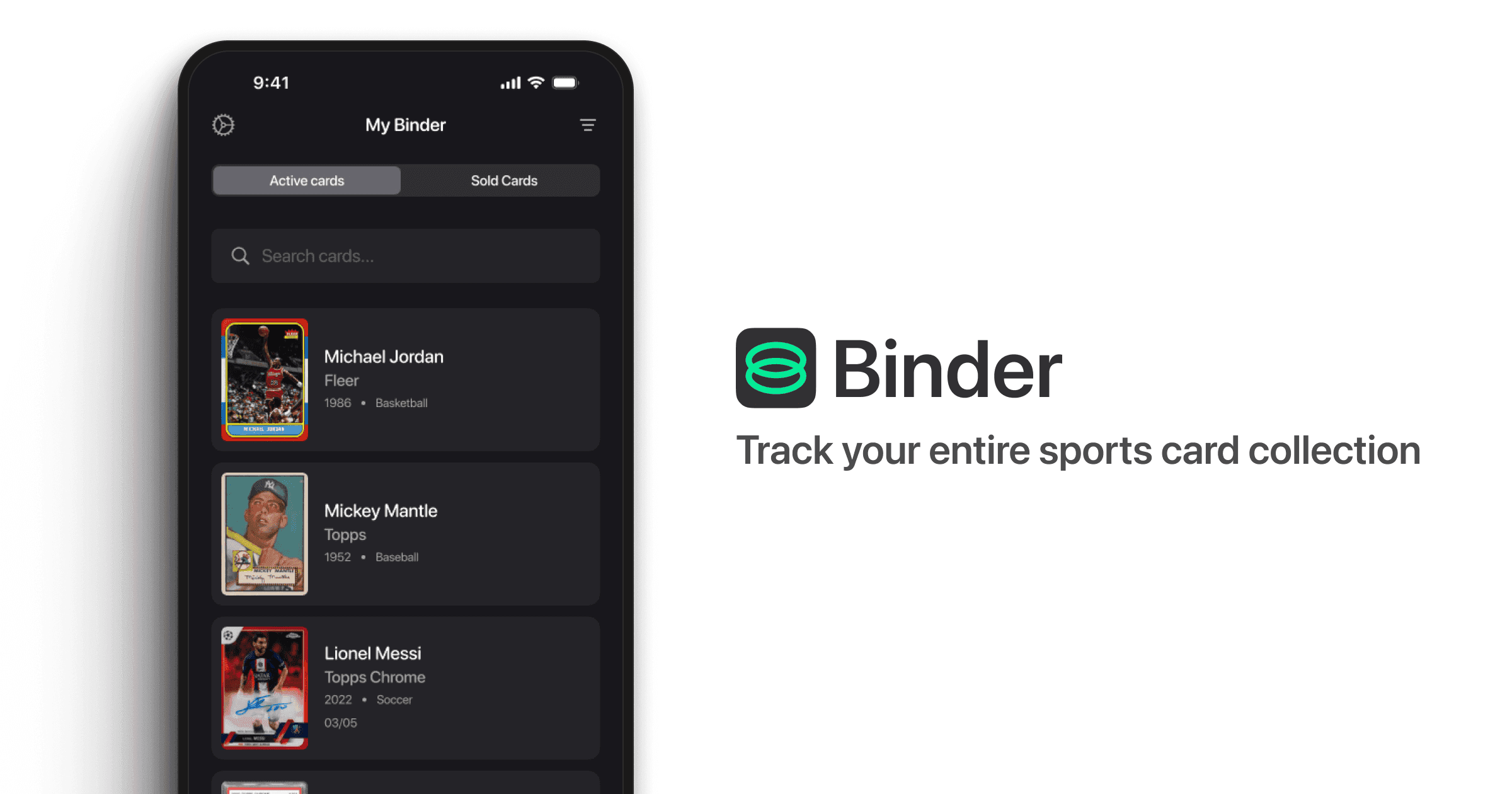 Binder's My Binder screen on an iPhone, listing cards for Michael Jordan, Mickey Mantle and Lionel Messi, beside the Binder logo and the line: track your entire sports card collection