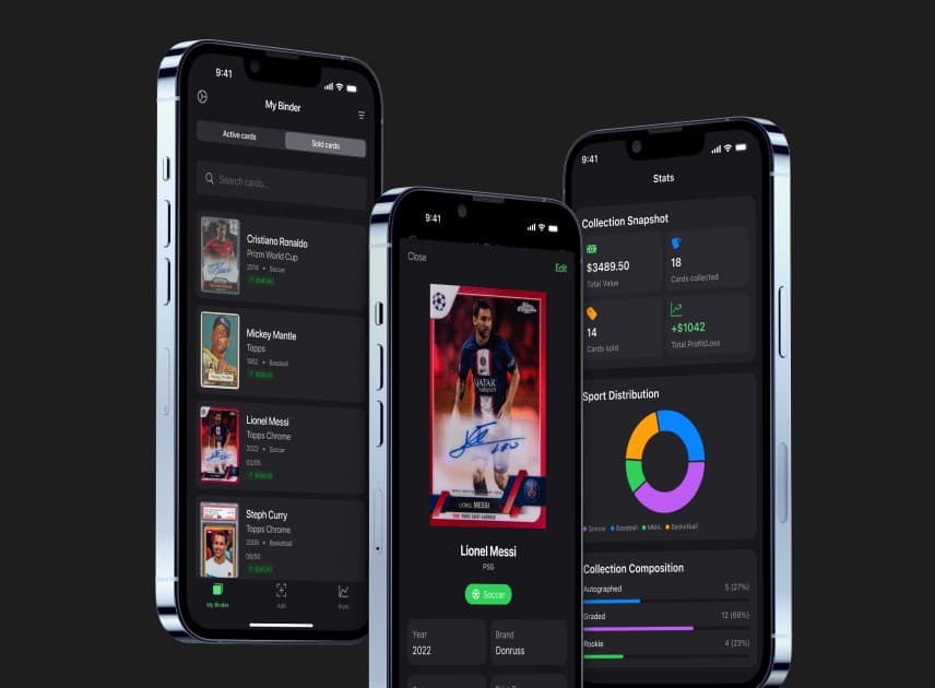 Three Binder screens on iPhones: the collection list, a single card detail for a signed Lionel Messi card, and the stats page with collection value and a sport distribution ring