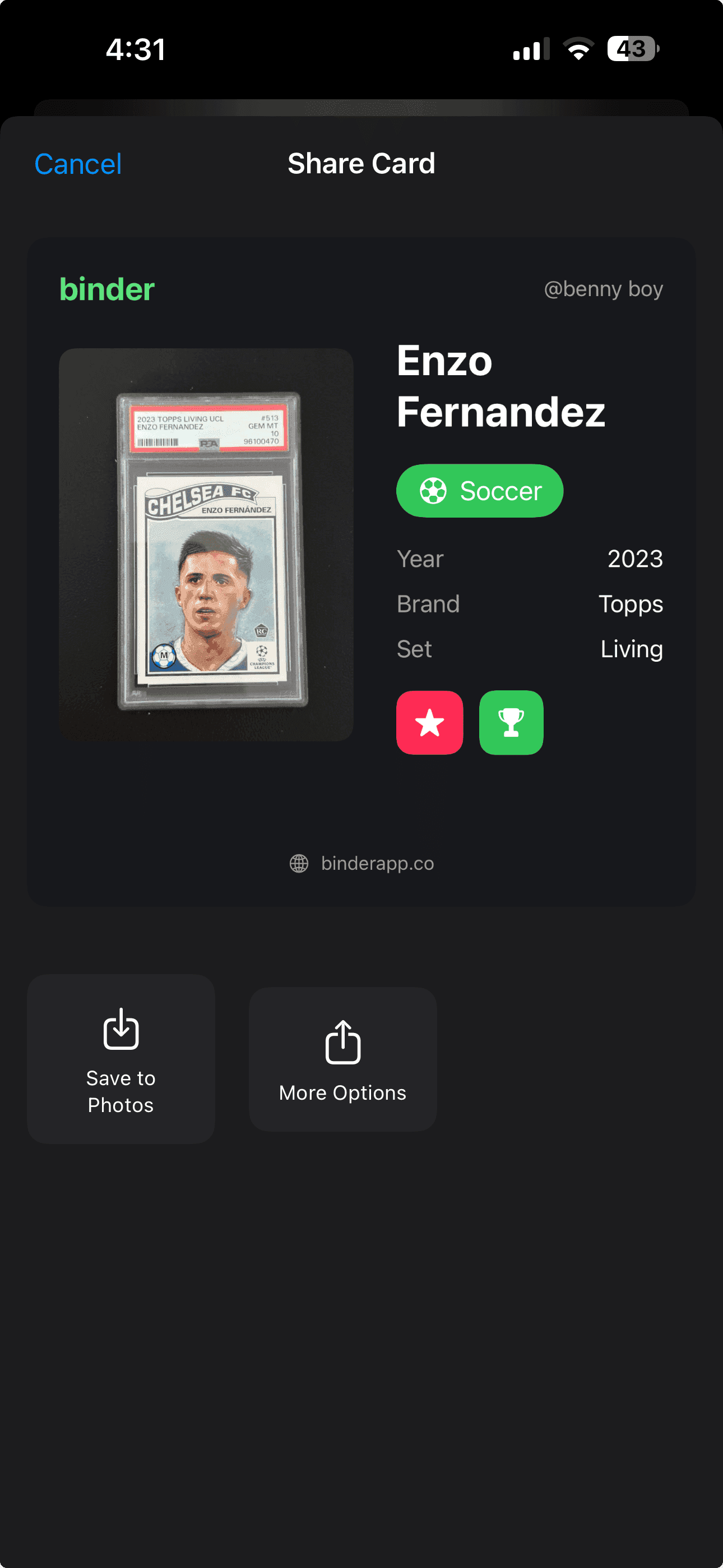 The Share Card screen in Binder, showing an Enzo Fernandez card with year, brand and set, and buttons to save to photos or share