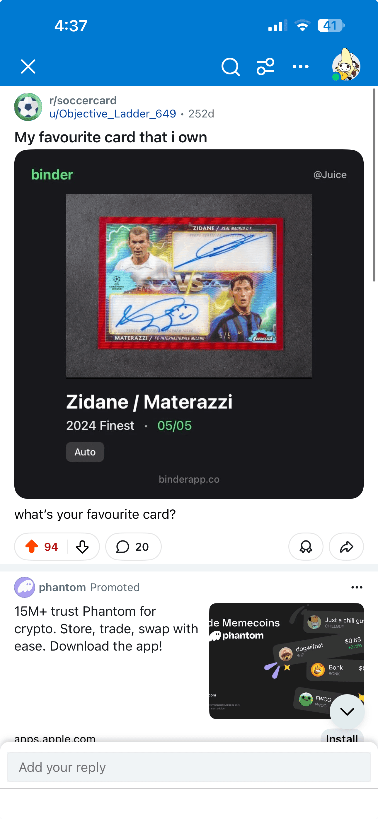 A Reddit post in a soccer card community: a user sharing a Binder card image of their Zidane and Materazzi card, captioned my favourite card that I own