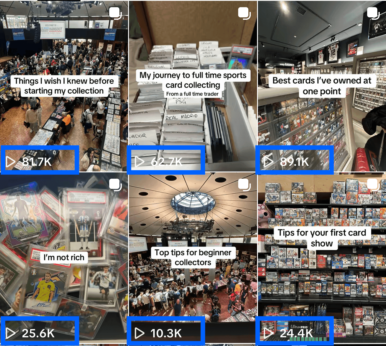Six short videos about card collecting, with view counts from 10.3K to 89.1K, titled things like Things I wish I knew before starting my collection and Best cards I've owned at one point