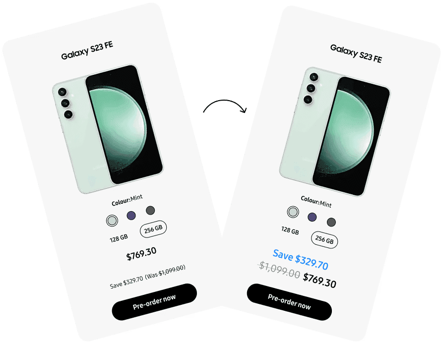 Before and after of the Samsung offer card redesign, with the savings amount moved above the price and set in brand blue with a bold strikethrough