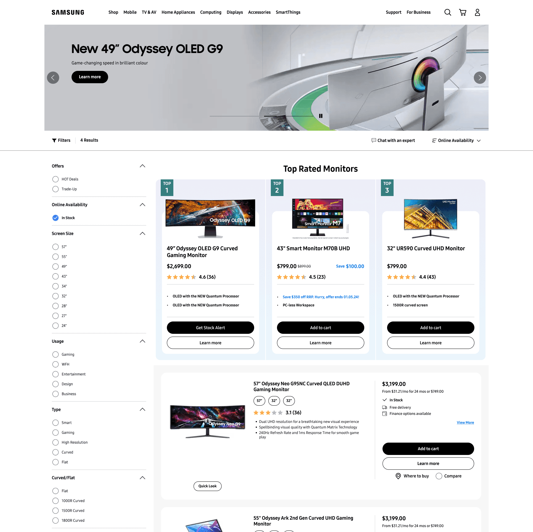 Variant A: product filter page with star ratings on product cards and a 'Top Rated' carousel section pinned above the fold
