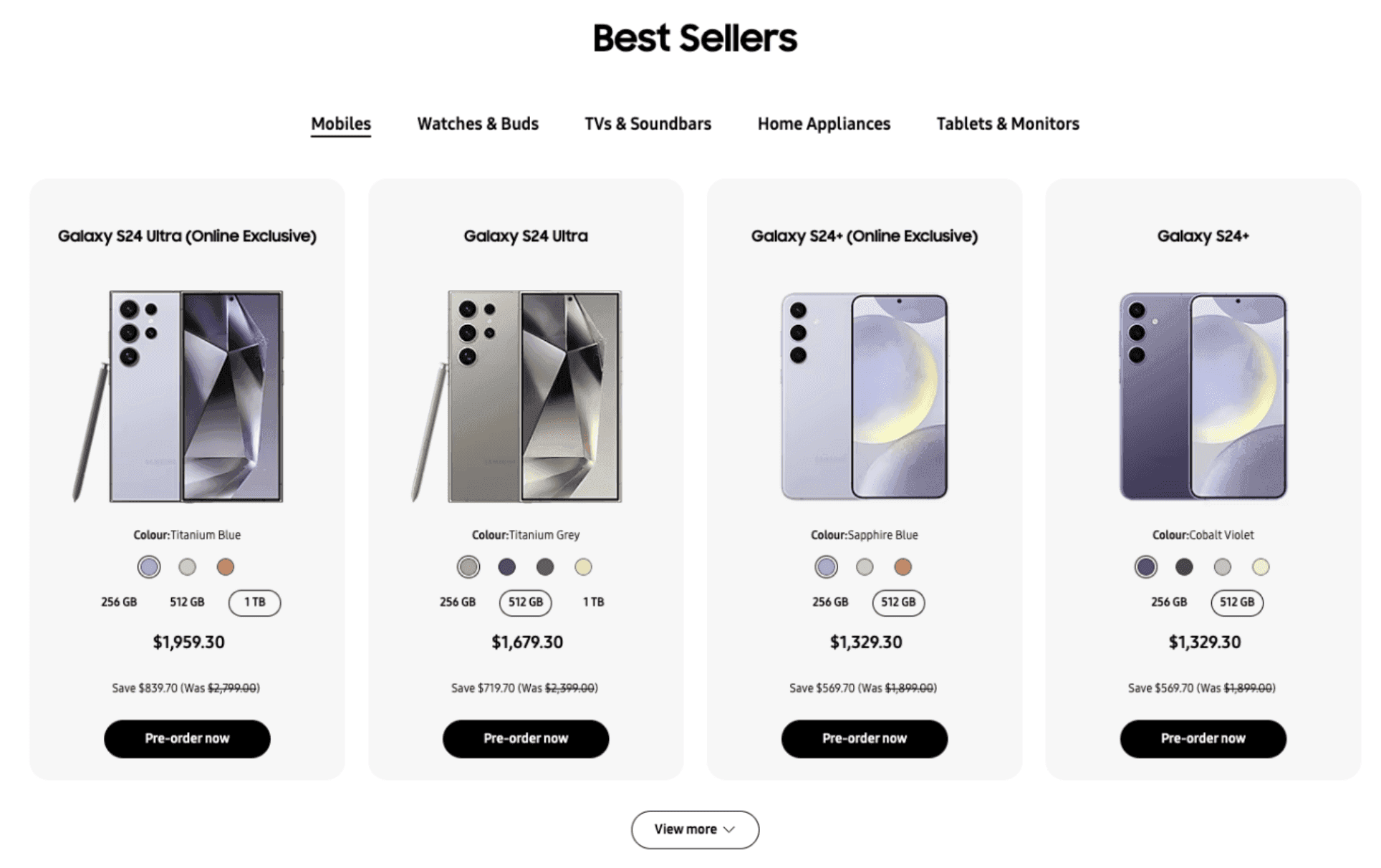 Control: Best Sellers cards with the savings amount shown in small grey text beneath the price, with no visual differentiation from non-offer cards