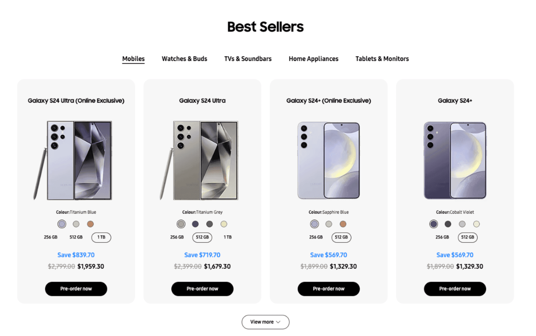 Variant: redesigned offer cards with the savings amount moved above the price in Samsung blue and an enlarged original price with a bold strikethrough