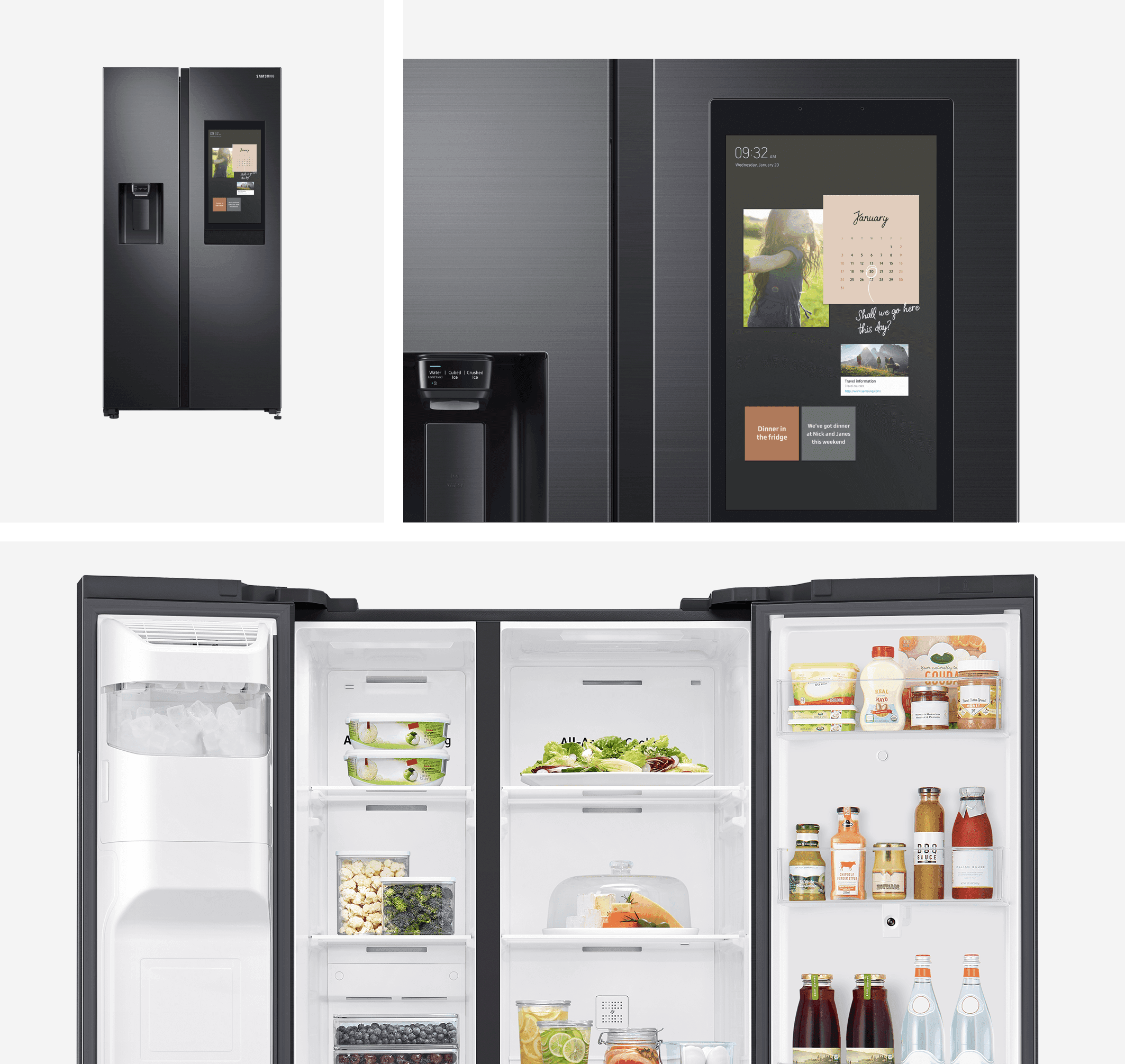 A Samsung Family Hub fridge, closed and open