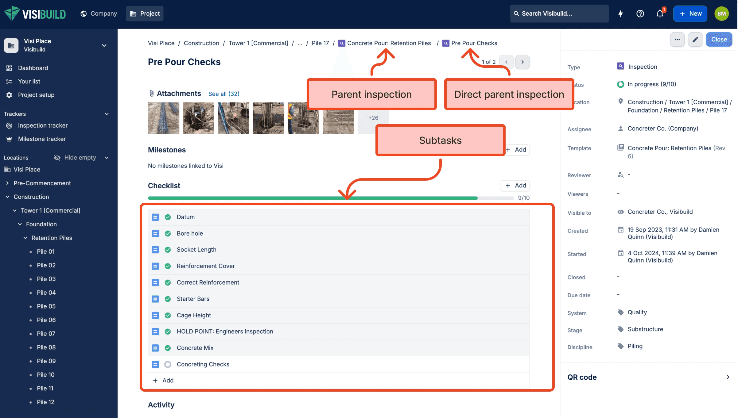 The old inspection page for Pre Pour Checks, annotated: its parent inspection, its direct parent and its subtasks each live on a separate page