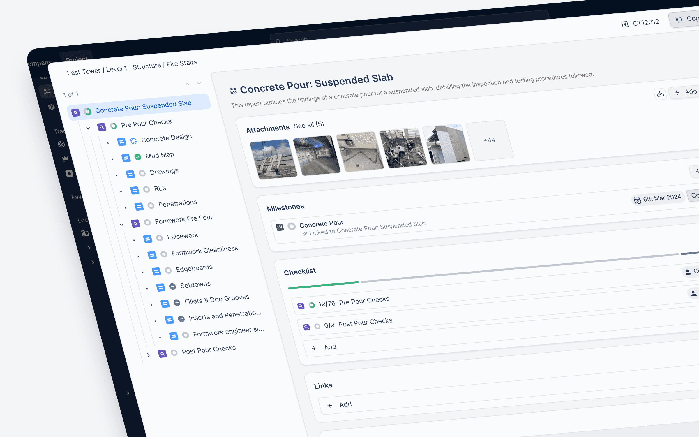 The redesigned inspection: a full-page modal with the hierarchy tree on the left, attachments, milestones and the checklist in the centre, and details on the right